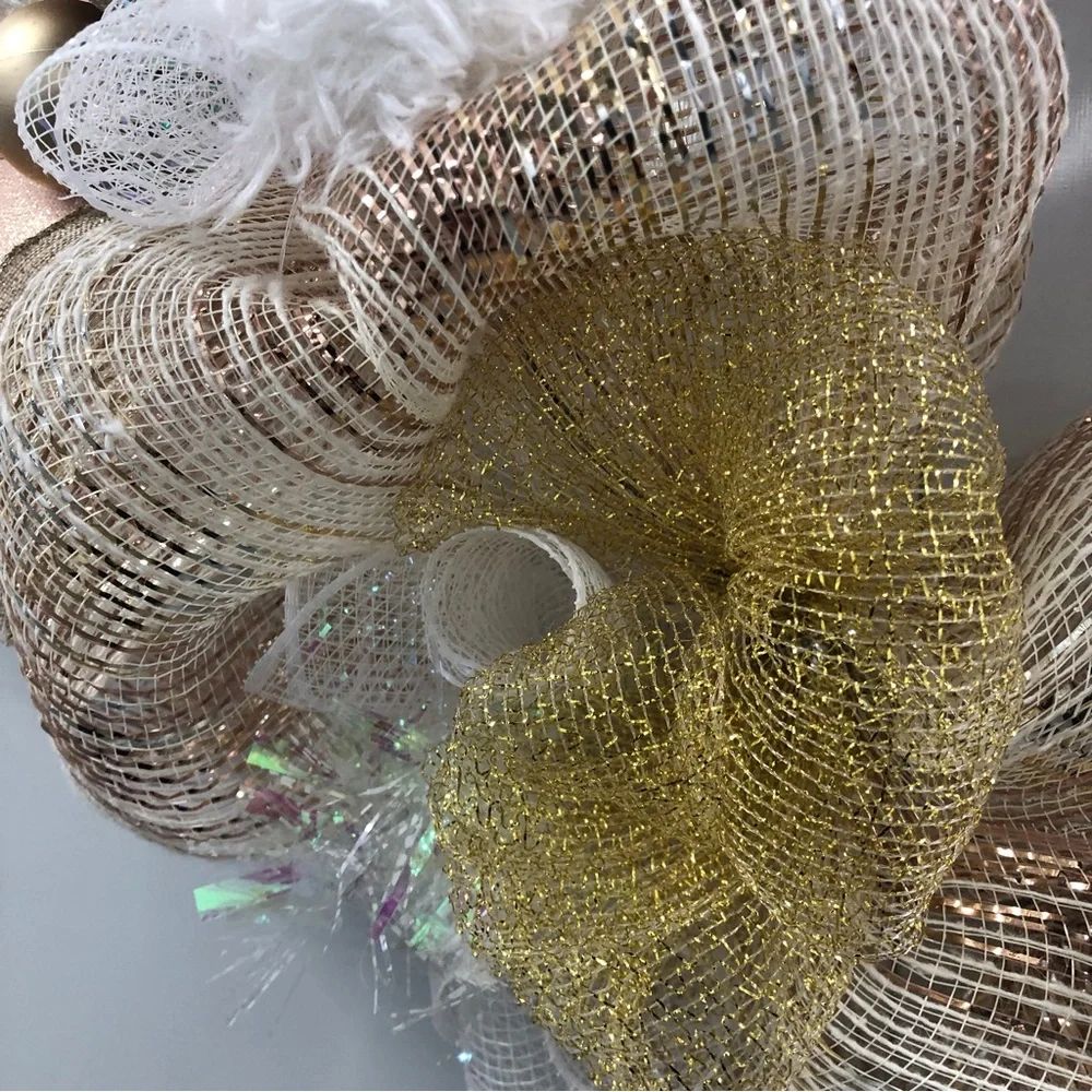 Rose Gold Gnome Deco Mesh Wreath Christmas Iridescent Cream Pink Ornaments Bows